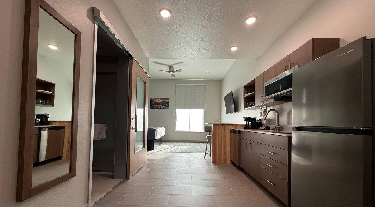 Harbor View Room Kitchen and Bathroom