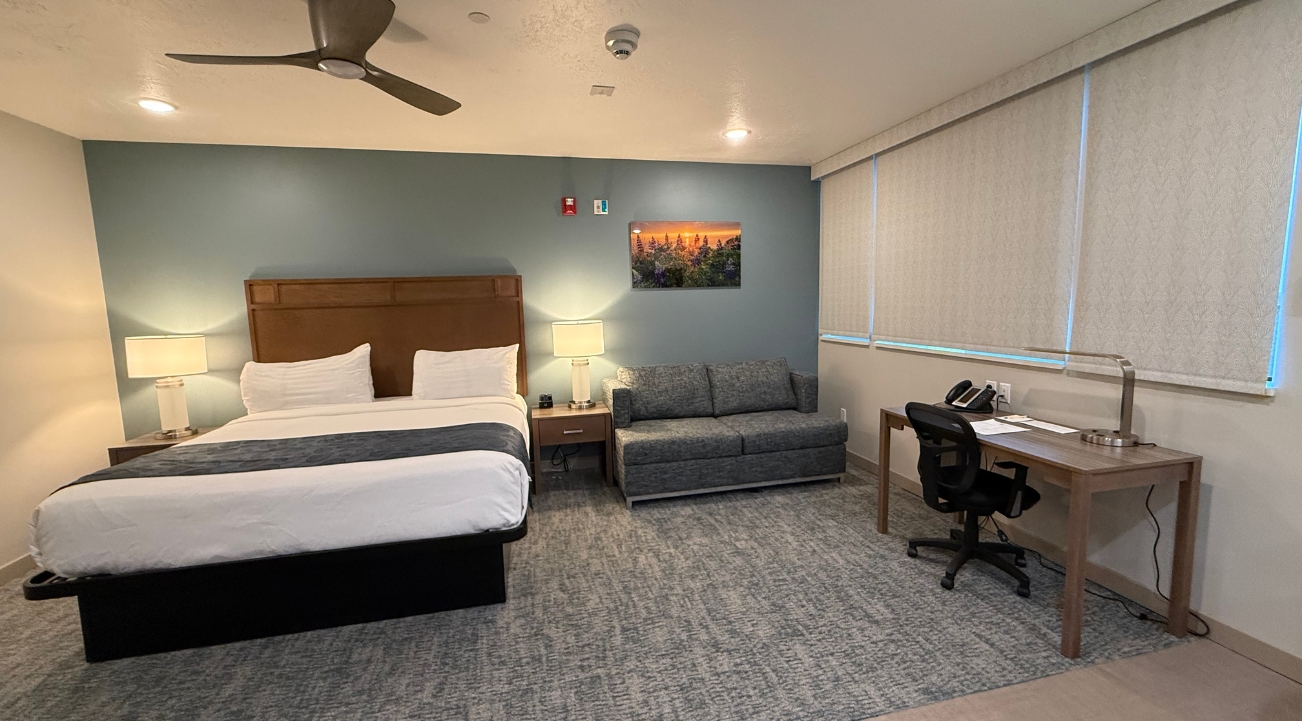 Harbor Single King Accessible Room with bed, desk and couch